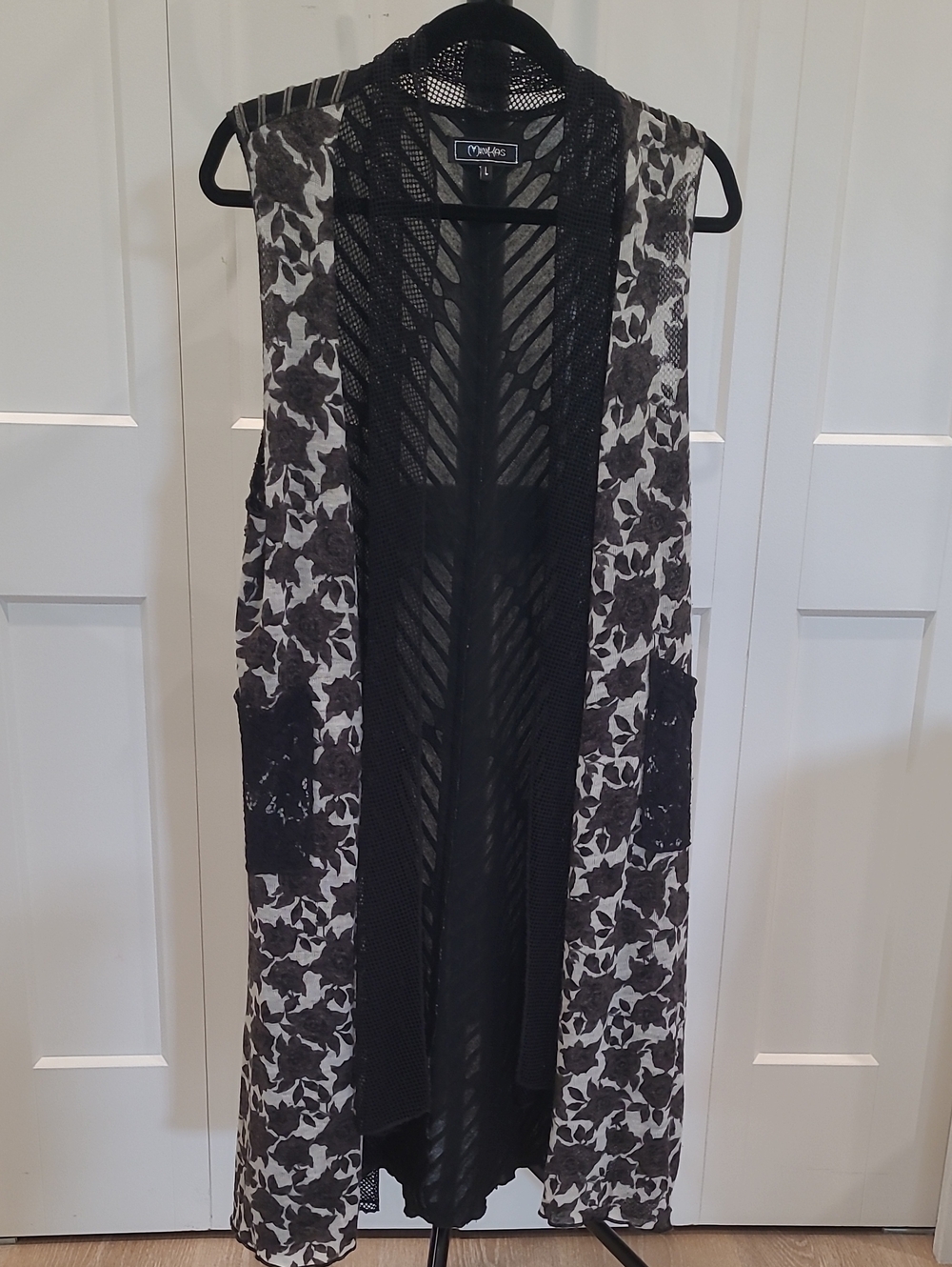 MINKAS Black & White Floral Sleeveless Cardigan with Mesh Details